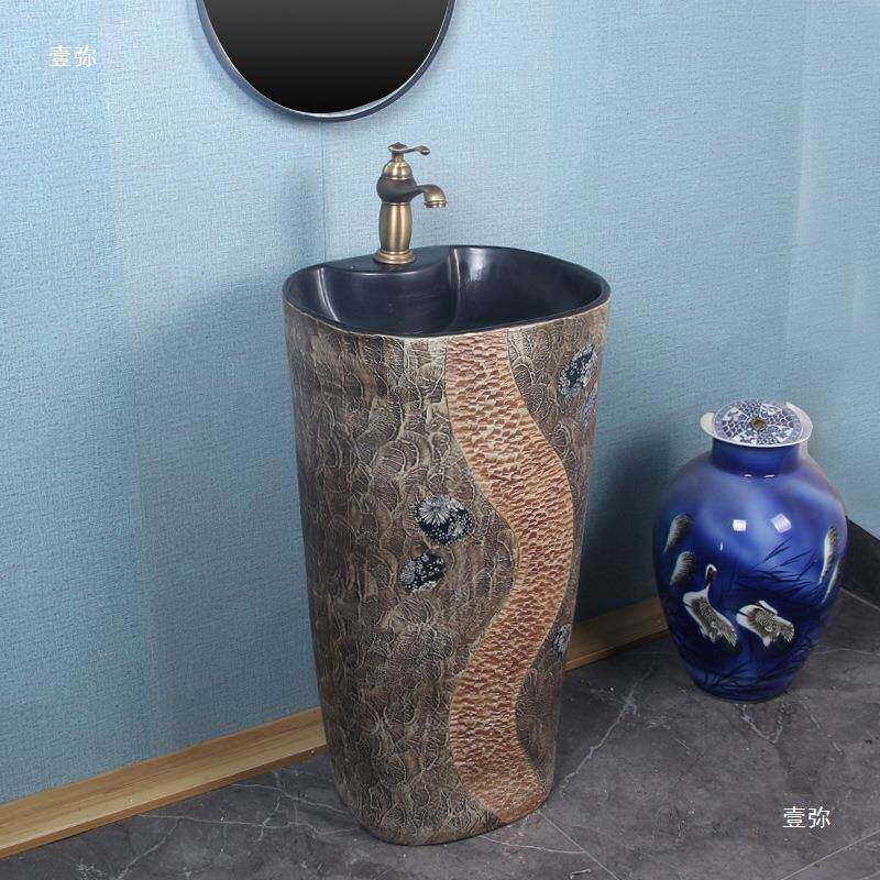 青花瓷立生柱洗脸盆一体落地式洗手盆户陶68065外仿古中式卫间立