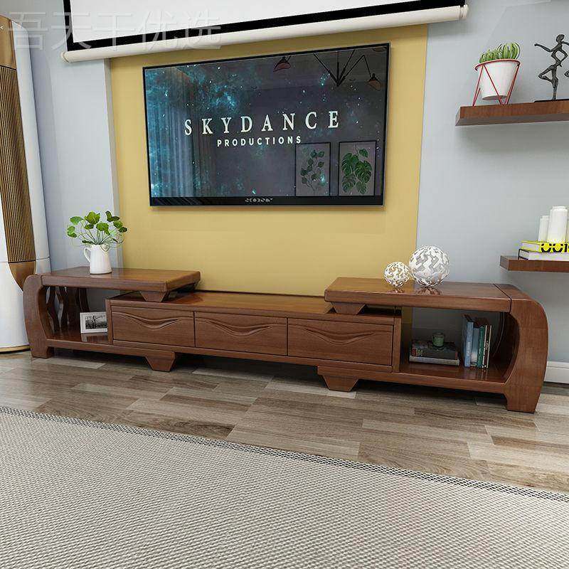 简中CNV式实木电视柜客厅原木色户伸组合视柜橡胶木影小型地柜储