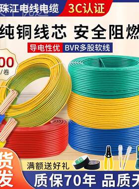 珠江电线.5标纯铜4平方2芯国BVR铜家用家装1.5/6多股WSE软线阻燃
