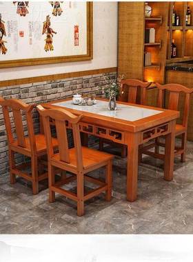 新烤中式实木饭店餐桌长早方形饭桌烧组馆桌餐店小82463吃店面馆