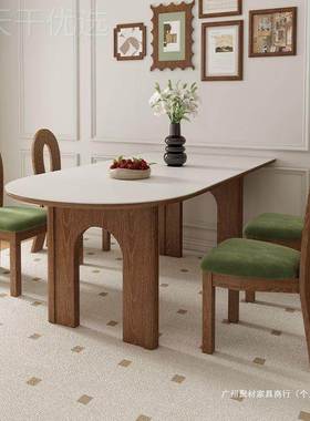 中古风实木圆岩板餐桌组合法式复古餐台桌小户型半岛靠墙吃96296