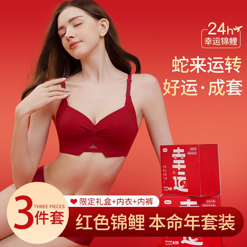 本命年红色内衣内裤套装女蛇年x2025新款礼盒结婚新娘小胸聚拢文