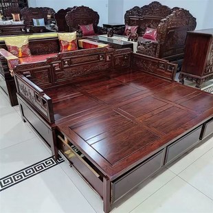 全实木推拉罗汉床榆木抽拉沙发床榫卯仿古伸缩小户型多功能罗汉榻