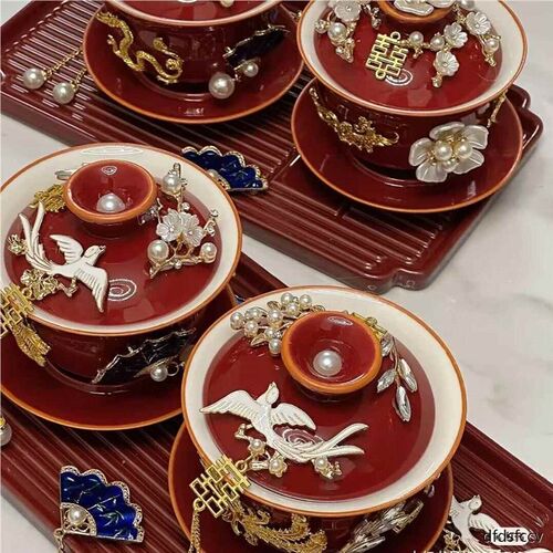 茶杯结见描述婚碗套敬装敬茶杯改口对碗酒红碗一对碗喜筷红色婚礼