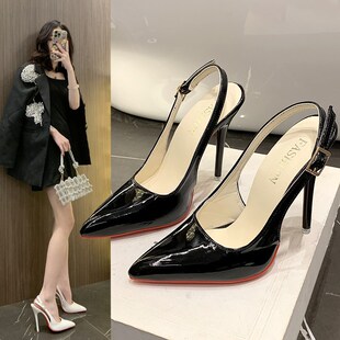 35-43码 大码女鞋41新款12cm红底高H跟鞋女42床上细跟一字带凉鞋4