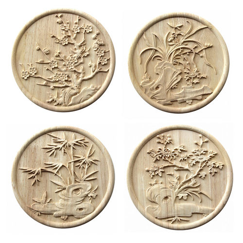中式梅兰竹菊圆形实木雕花贴花  东阳木雕浮雕家俱背景墙装饰花片