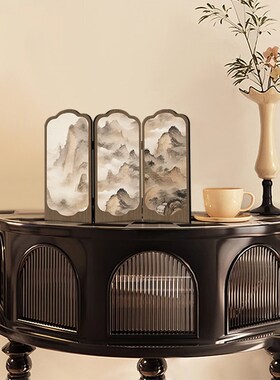 中古风桌面小屏风创意入户玄关边柜电视柜摆画茶室酒店装饰