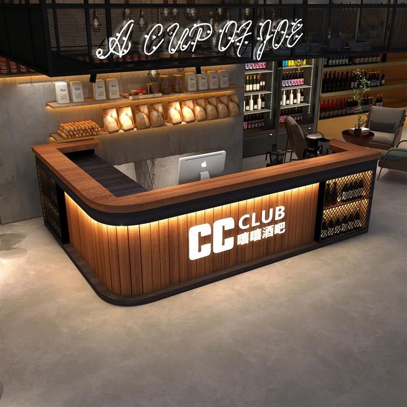 工业风复古酒吧吧台咖啡饭店烧烤店收银台前台弧形转角柜台接待台