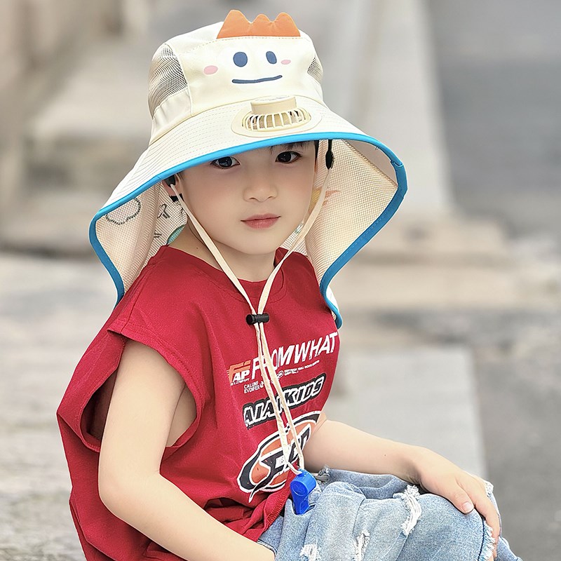带电风扇的凉帽子儿童夏季防晒遮阳太阳2024新款大帽檐男孩遮脖子