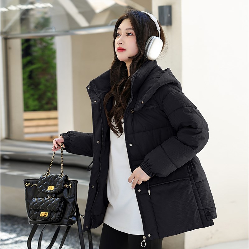 高端棉衣女中长款2024冬季新款宽松加厚抽绳收腰休闲连帽保暖外套