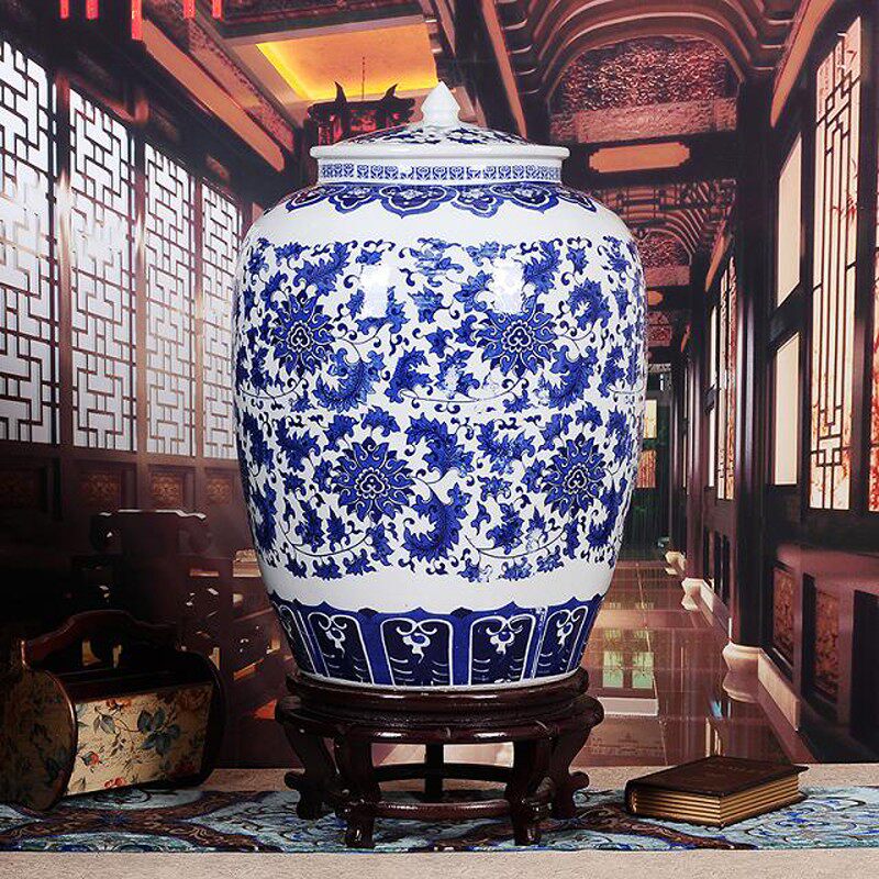 景德镇青花缠枝莲100斤装米缸 50斤装水缸大号防潮米桶带盖茶叶罐