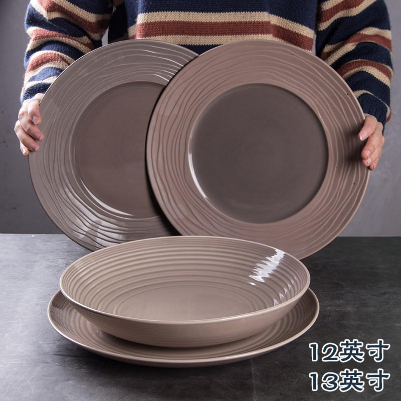 陶瓷12 13英寸特超大号深平盘咖啡色展示水果沙拉海鲜小龙虾拼盘