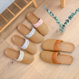 夏季亚麻拖鞋居家藤草编织男女士情侣蝴蝶结防滑室内草席竹凉托鞋