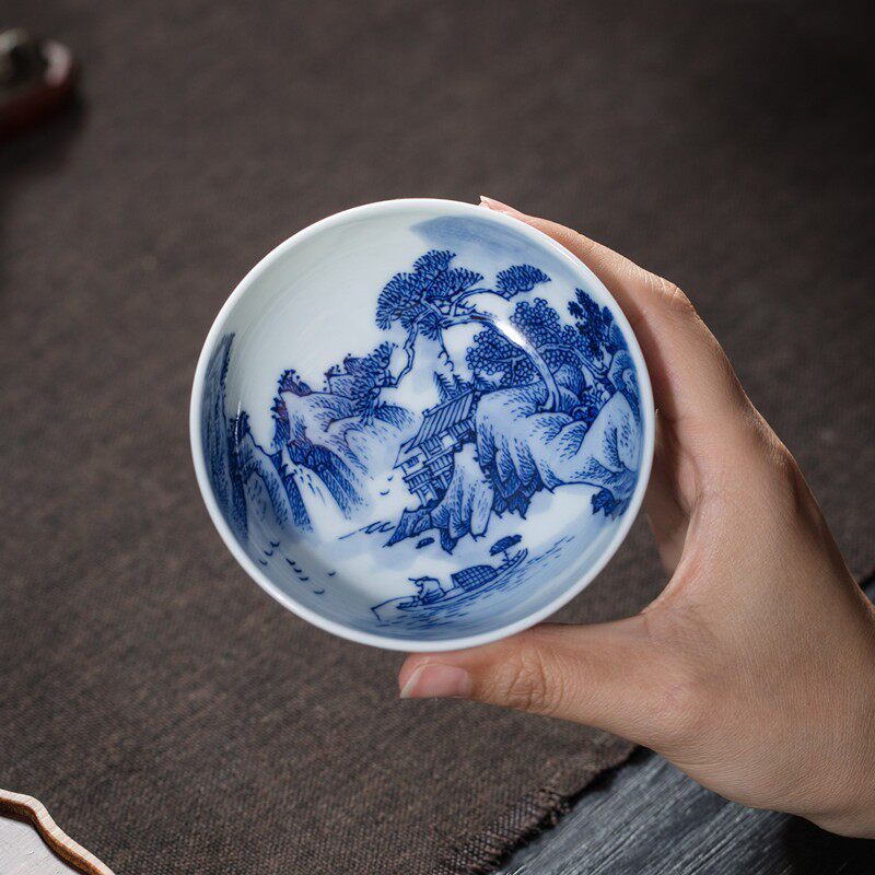 名悟柴窑青花山水普洱杯景德镇手绘仿古陶瓷茶具茶杯内外画主人杯