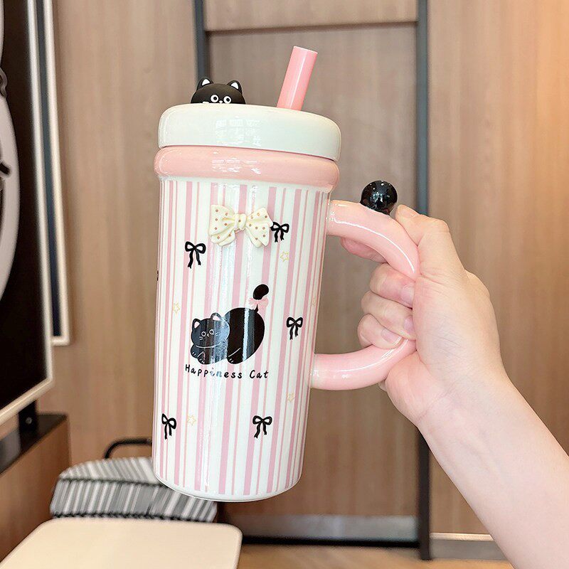 大容量马克杯办公室家用牛奶杯带把手陶瓷吸管水杯女生生日礼物
