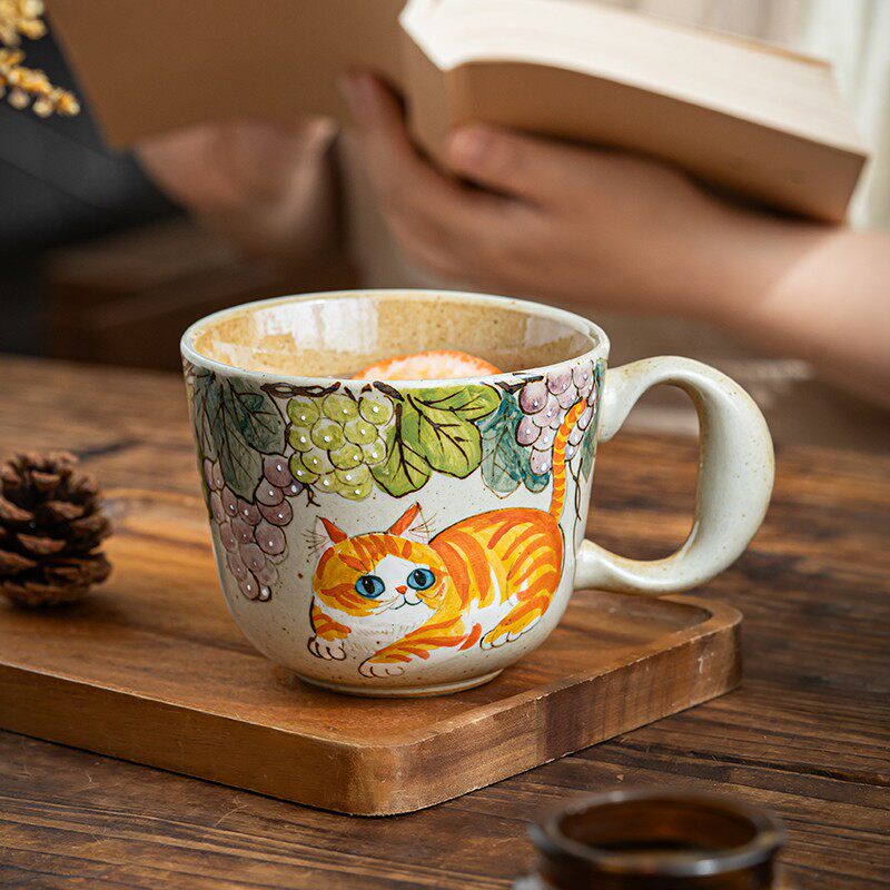 景德镇釉下彩陶瓷马克杯大号手绘田园可爱猫牛奶杯办公室家用水杯