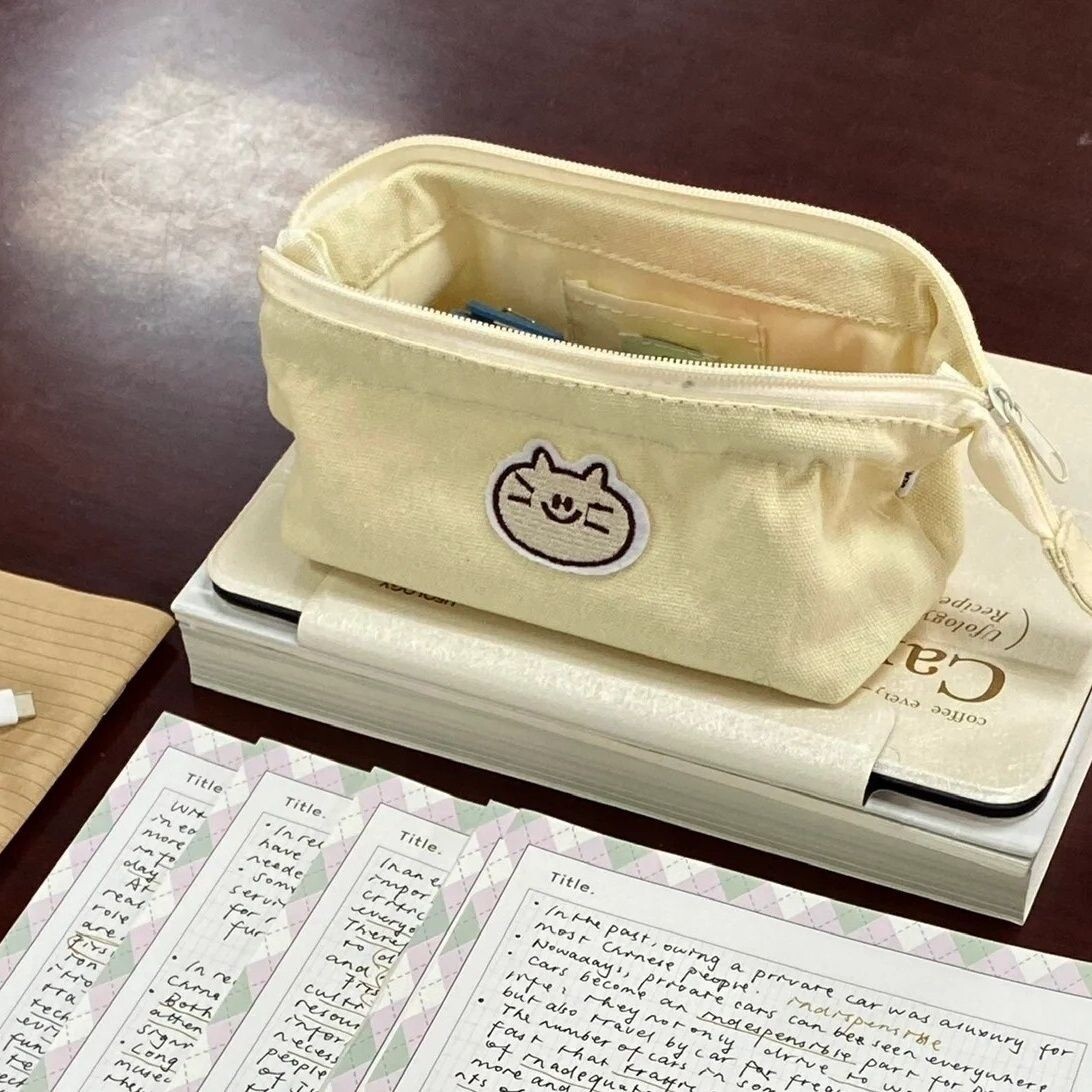 ins猫咪刺绣日系笔袋简约学生大容量文具高颜值收纳帆布铅笔盒森