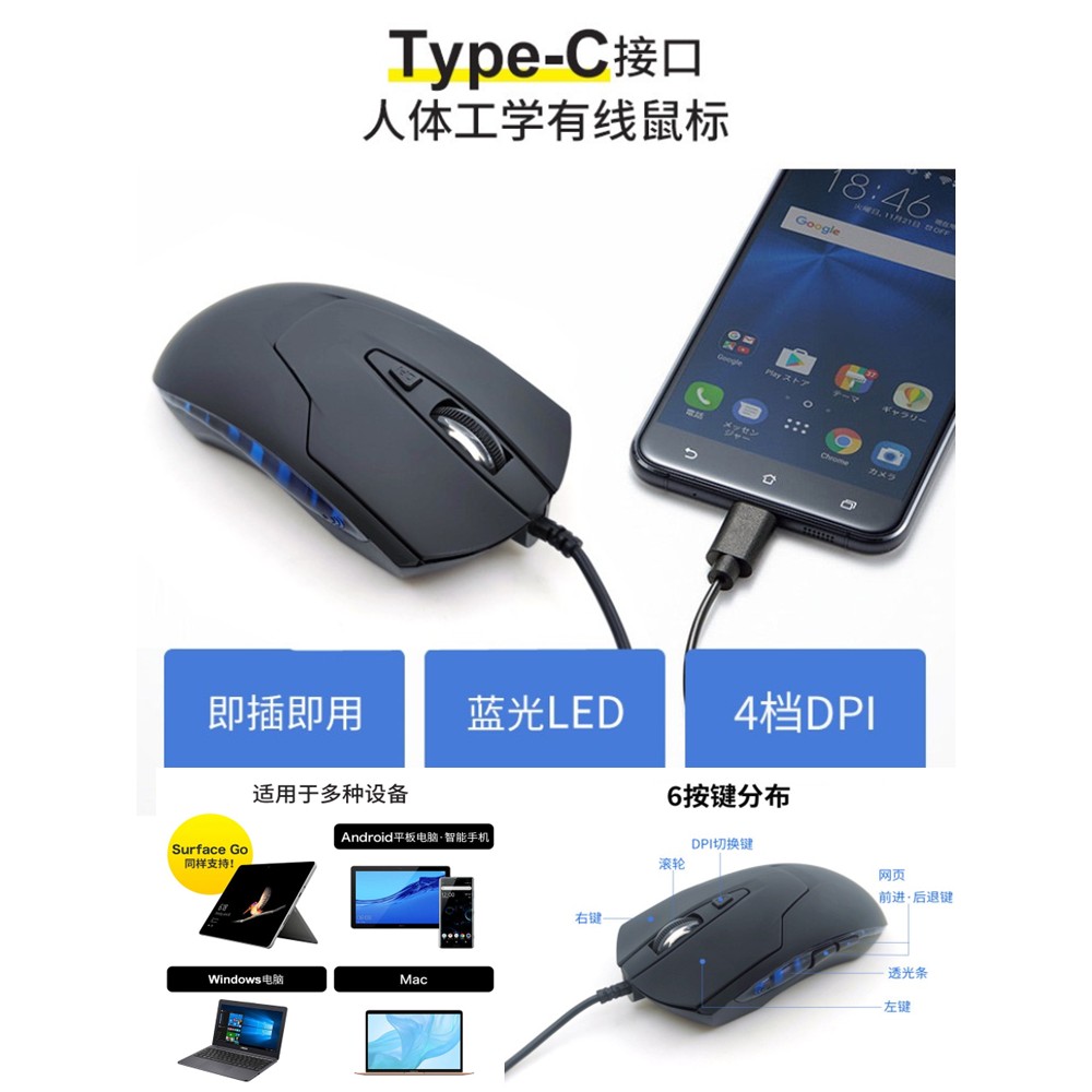 type-c接口有线鼠标电脑平板手机可用办公电竞机械蓝灯发光加长线