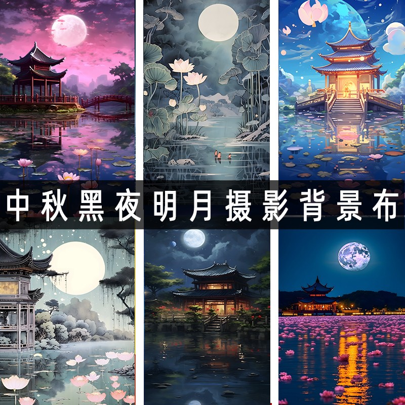 新款古装复古中秋白月影楼装饰黑夜荷花自拍摄影背景布