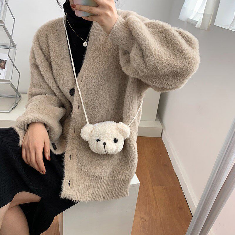 网红毛绒熊头小包包儿童斜背包可爱宝宝零钱包男女童外出配饰挎包
