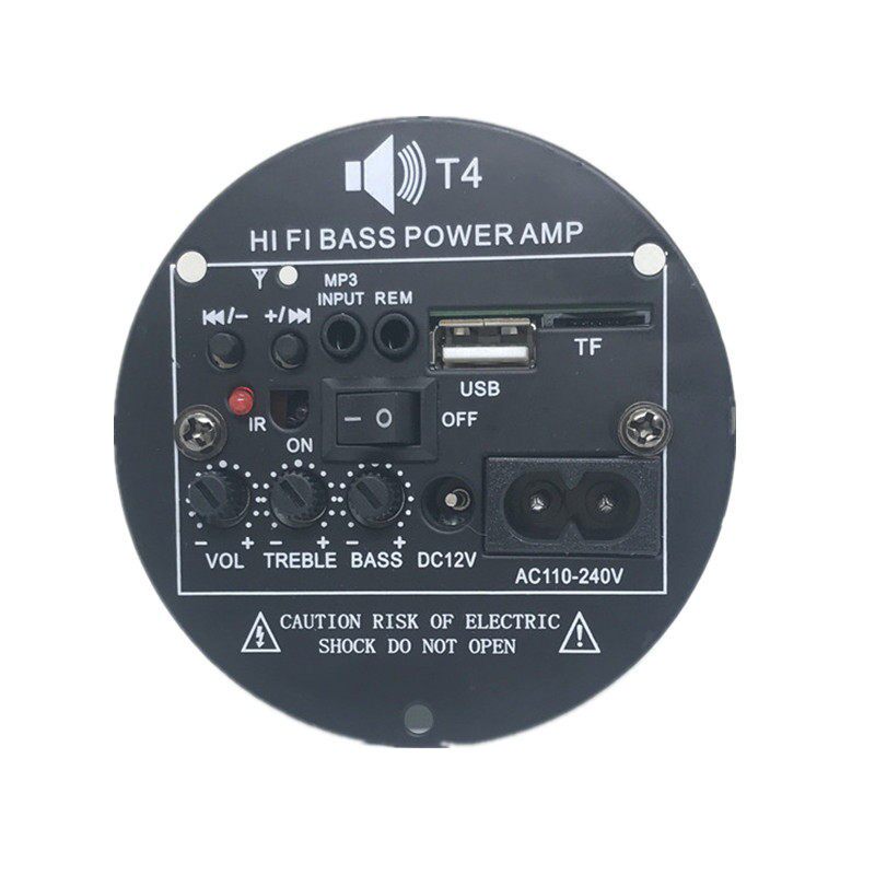 包邮T4二用蓝牙功放板12V车载220V家用4寸低音炮芯 插卡MP3解码板