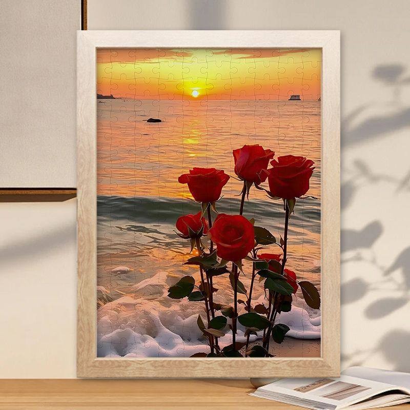 海边玫瑰花木质拼图1000片落日ins风室内挂画送朋友闺蜜解压益智