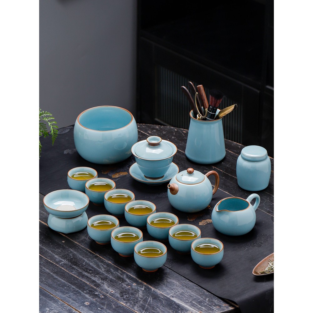 陶瓷功夫茶具套装哥窑茶壶盖碗茶杯冰裂纹瓷器办公家用整套茶具