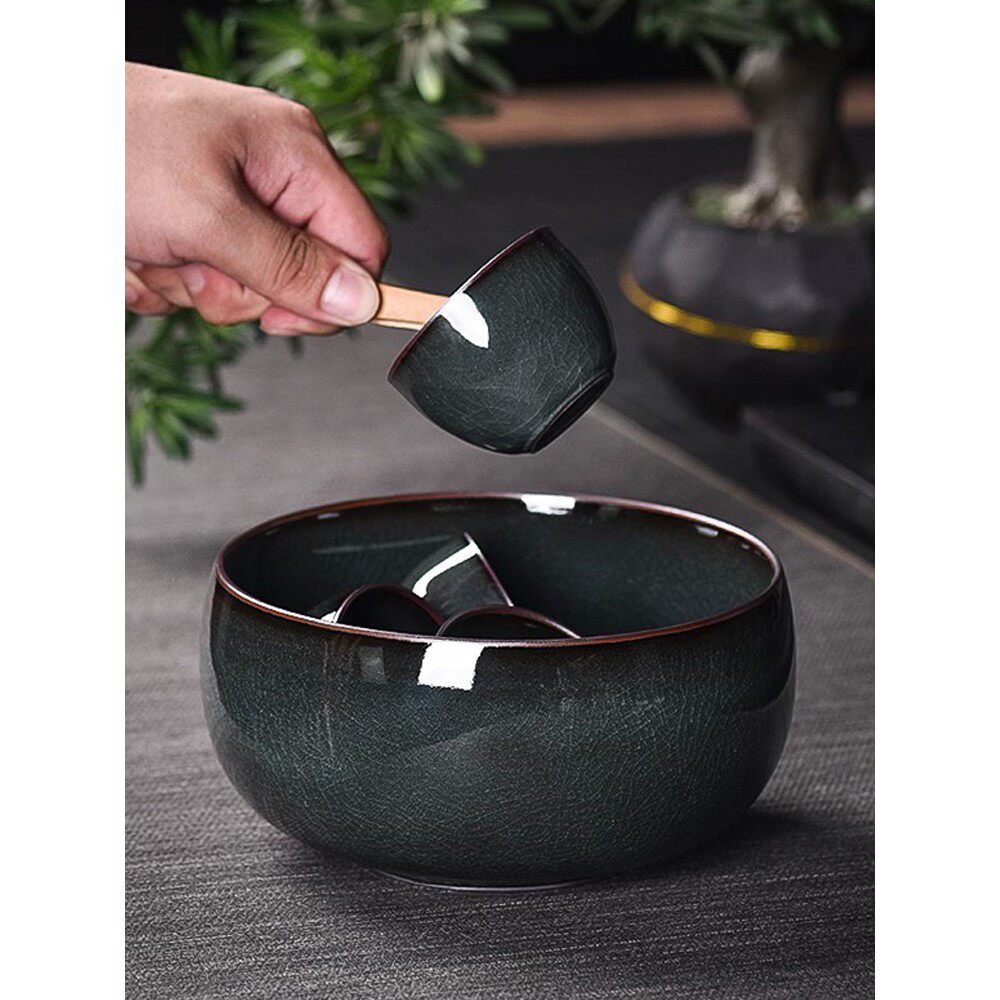 哥窑青瓷铁胎茶洗型烟灰缸黑胎笔洗陶瓷家用个性时尚摆件杯洗水洗
