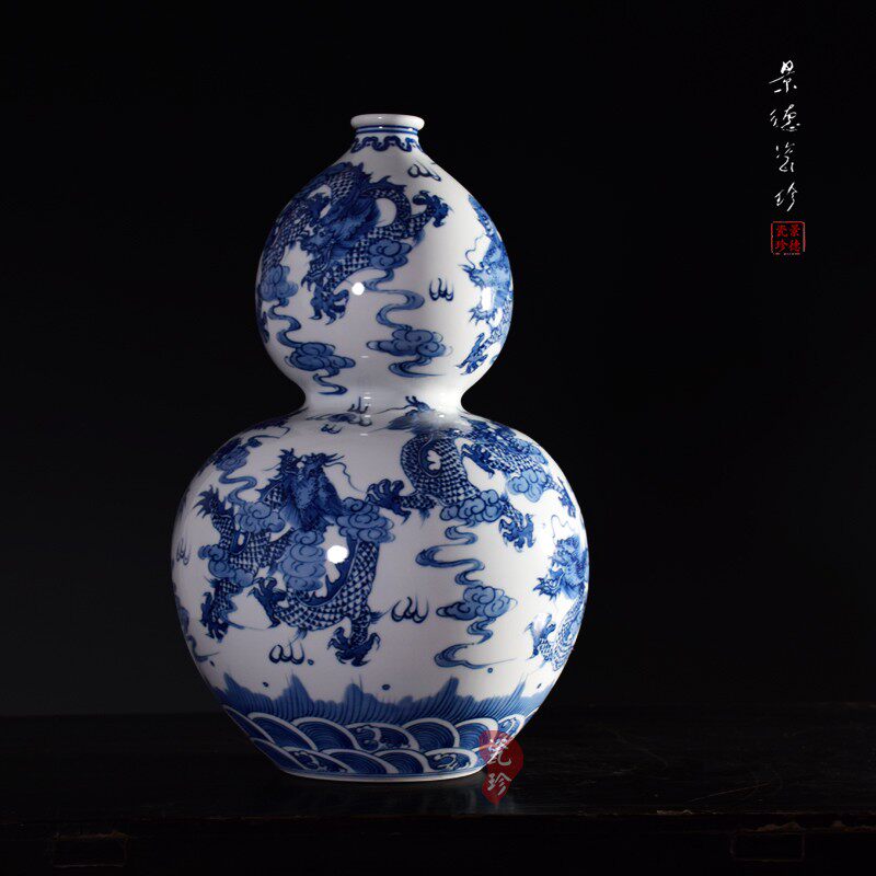台面花瓶景德镇陶瓷器手绘制仿古葫芦瓶青花瓷摆件客厅博古架摆件
