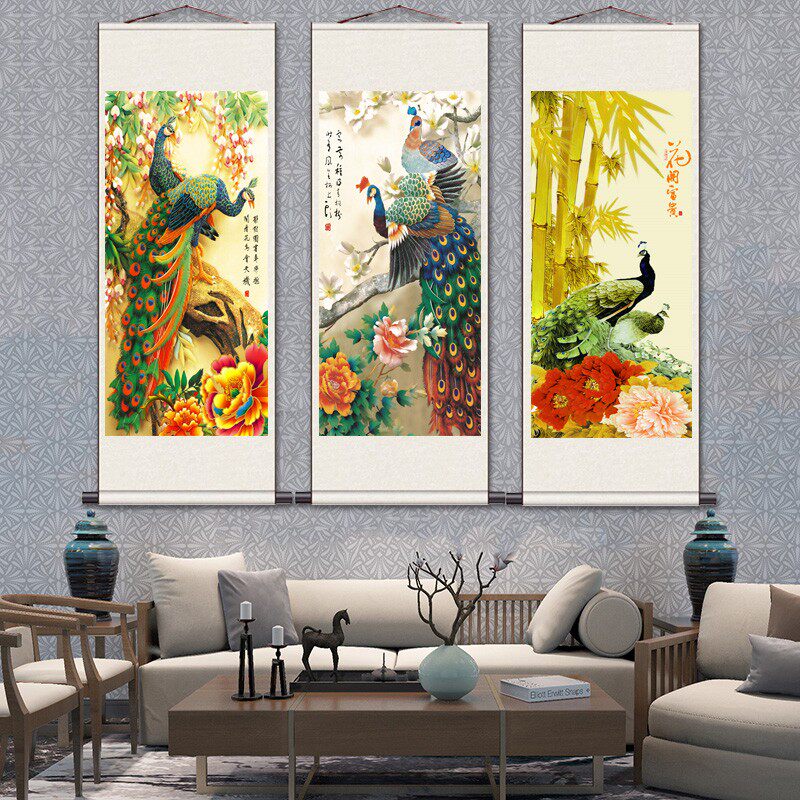 新中式入户玄关装饰画竖版进门过道墙面装饰走廊尽头挂画孔雀壁画