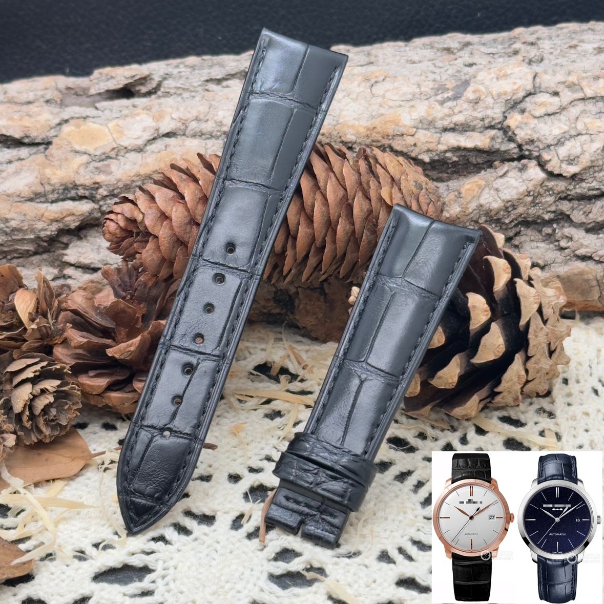 福西达表行 适配GP芝柏表1966系列49525 49555手表鳄鱼皮表带弧形