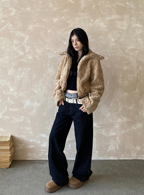 NowAndHere美式复古立领毛绒短款棉衣女秋冬老钱风毛毛保暖外套