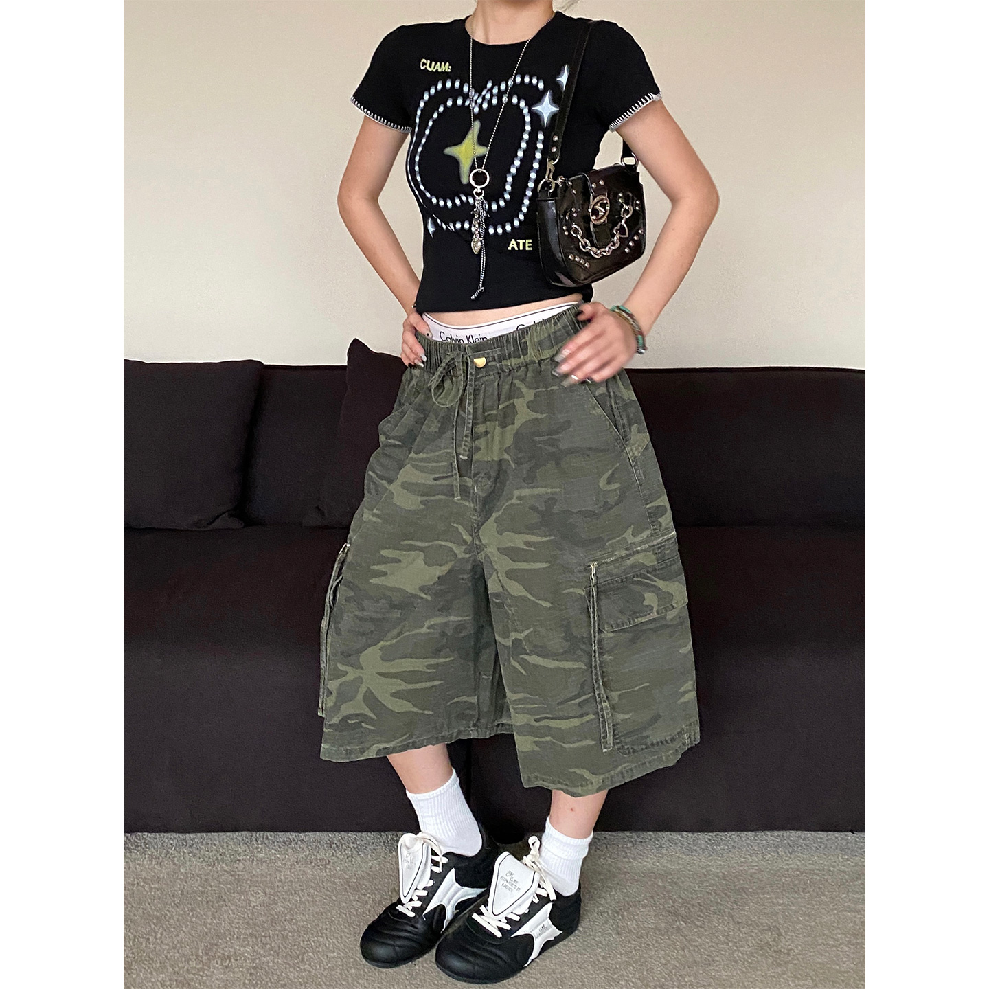 迷彩抽绳格纹工装短裤