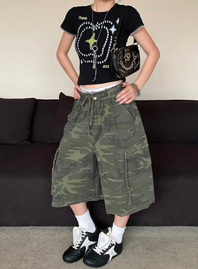 NOWANDHERE美式复古迷彩抽绳七分裤格纹男女宽松直筒阔腿工装短裤