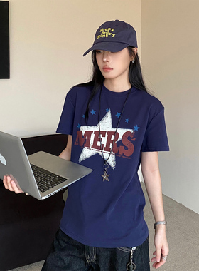 NOWANDHERE美式复古星星字母印花短袖T恤男女宽松显瘦百搭上衣