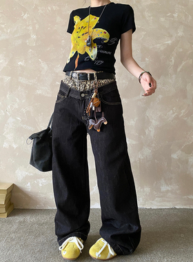 NOWANDHERE 美式复古豹纹拼接假两件双腰头牛仔裤阔腿裤女y2k