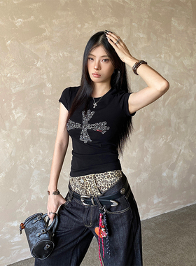 NOWANDHERE美式辣妹正肩短袖t恤收腰修身内搭打底衫古早y2k上衣