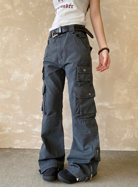 NowAndHere美式法工蓝拉链微喇裤男女宽松直筒休闲多口袋工装裤