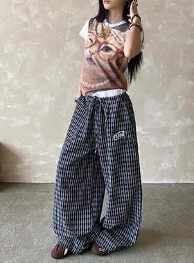 NOWANDHERE美式双裤头格子休闲裤直筒裤夏季百搭慵懒风薄款阔腿裤