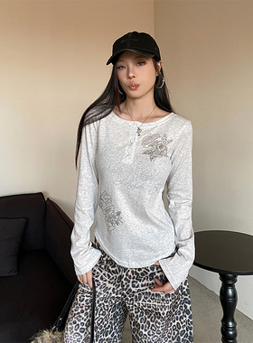 NOWANDHERE千禧复古烫钻长袖T恤Y2K辣妹女修身收腰打底上衣白花灰