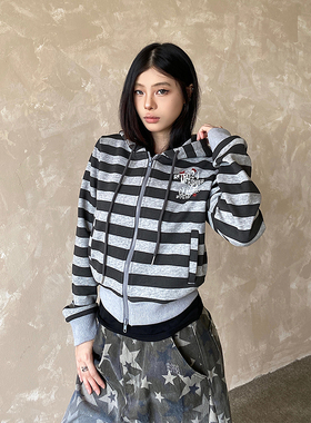 NOWANDHERE新款Y2K条纹连帽卫衣女宽松拉链外套美式复古显瘦上衣