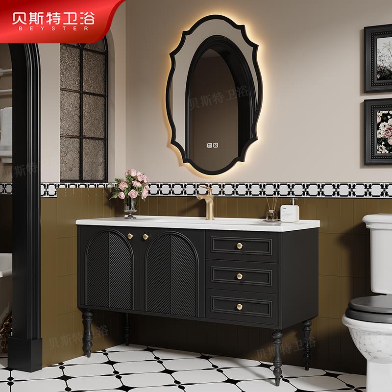 法式复古橡木浴室柜组合卫生间落地式一体陶瓷盆洗漱台洗脸洗手盆