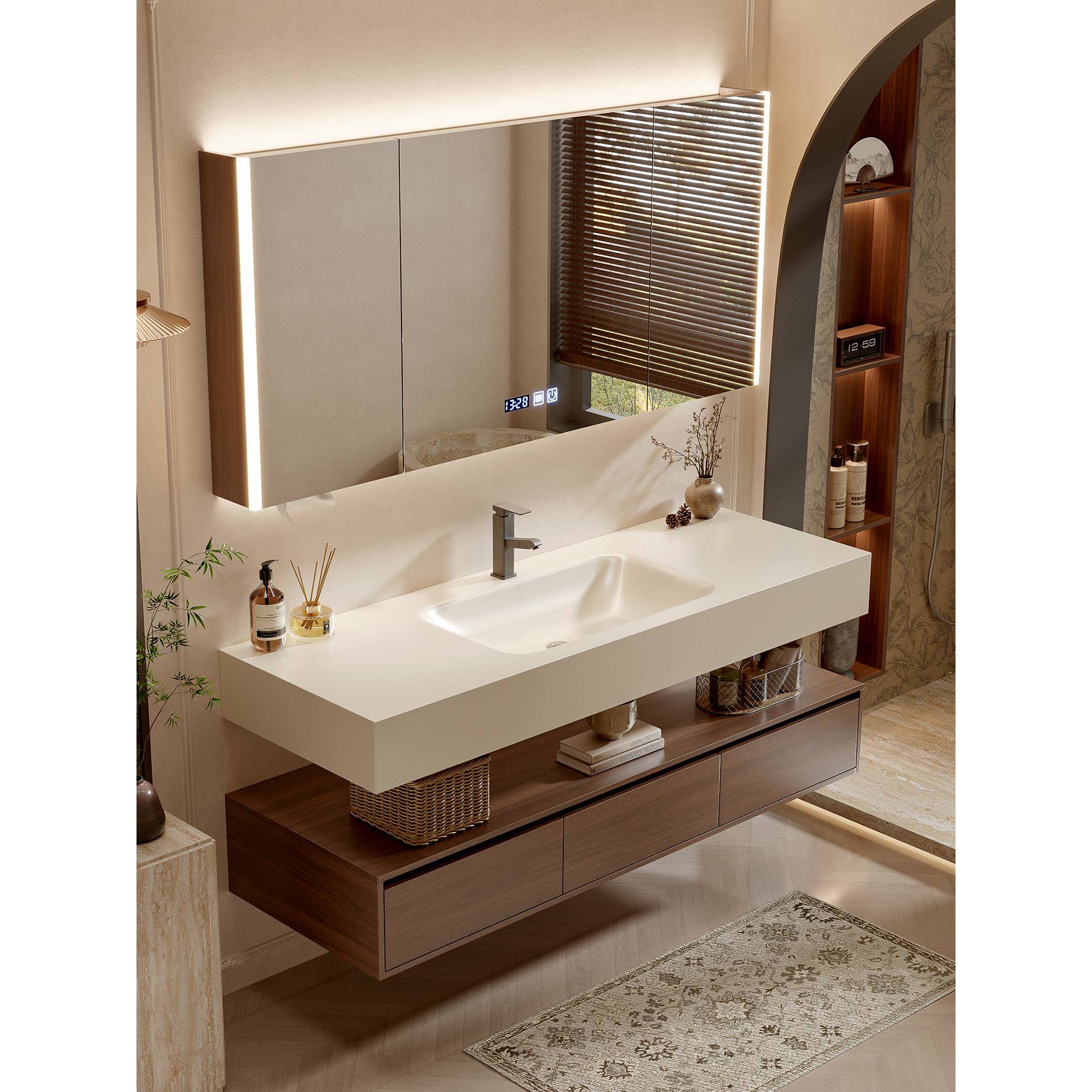 新式中古风岩板热弯一体盆洗脸盆洗手盆柜组合卫生间洗漱台浴室柜