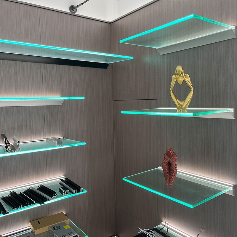 led一字挂墙壁 夹玻璃发光置物架层板搁板灯铝合金酒柜鞋包展示架