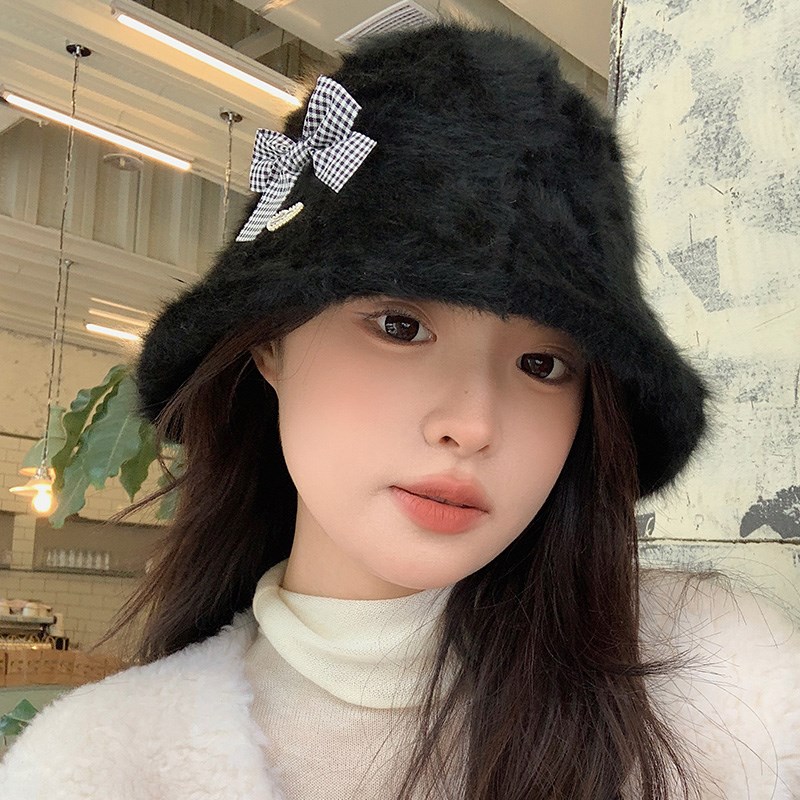 兔毛渔夫帽毛绒帽子女款2025新款秋冬季显脸小冬天水桶帽女士盆帽