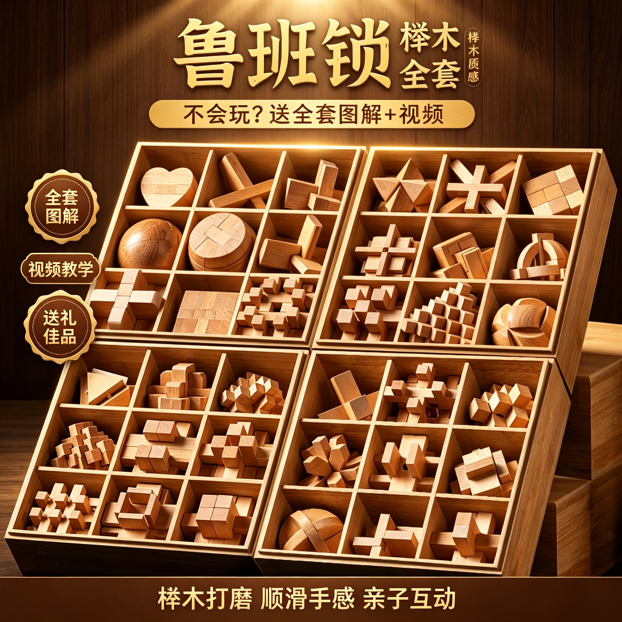 榉木鲁班锁全套益智解锁玩具亲子互动木质孔明锁智力开发礼盒装
