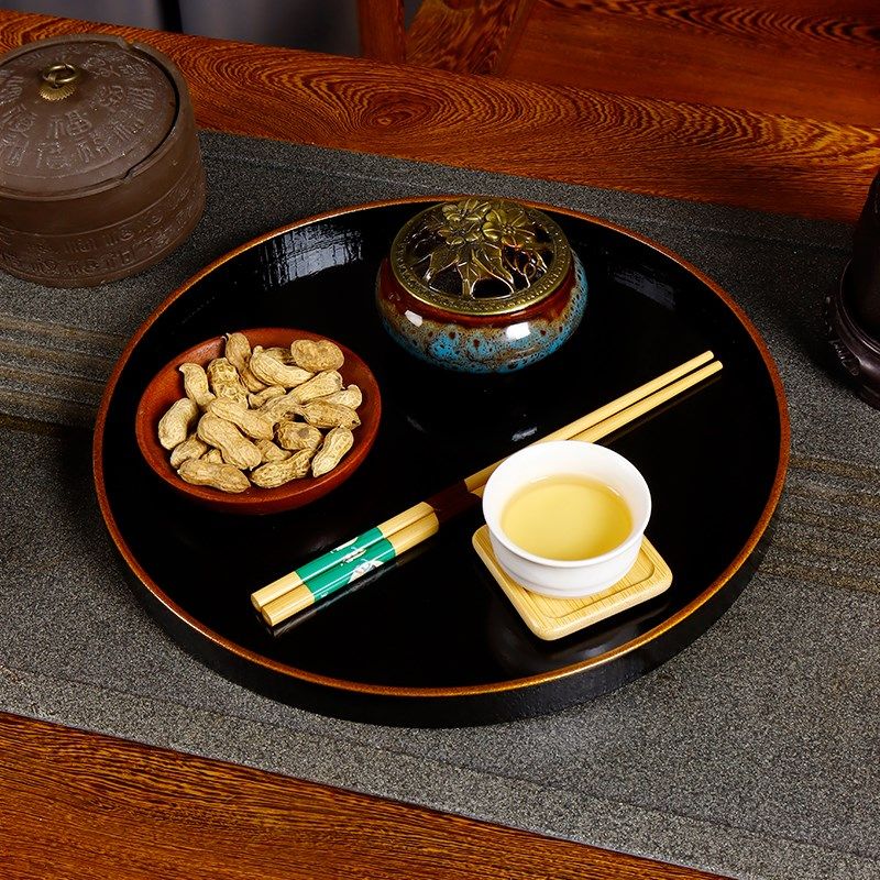 漆器茶盘盘黑色圆形大漆工艺金边茶具壶承端复古风木盘子