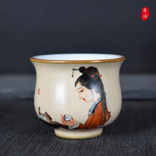 高端手绘仕女图纯手工美女茶杯景德镇汝窑开片主人杯陶瓷品茗杯小