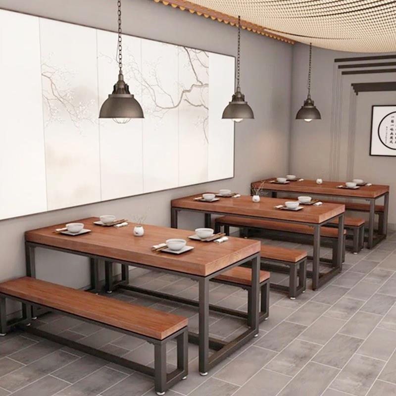铁艺实木长条餐桌食堂餐馆餐厅商用长桌长凳咖啡馆面馆椅组合民宿