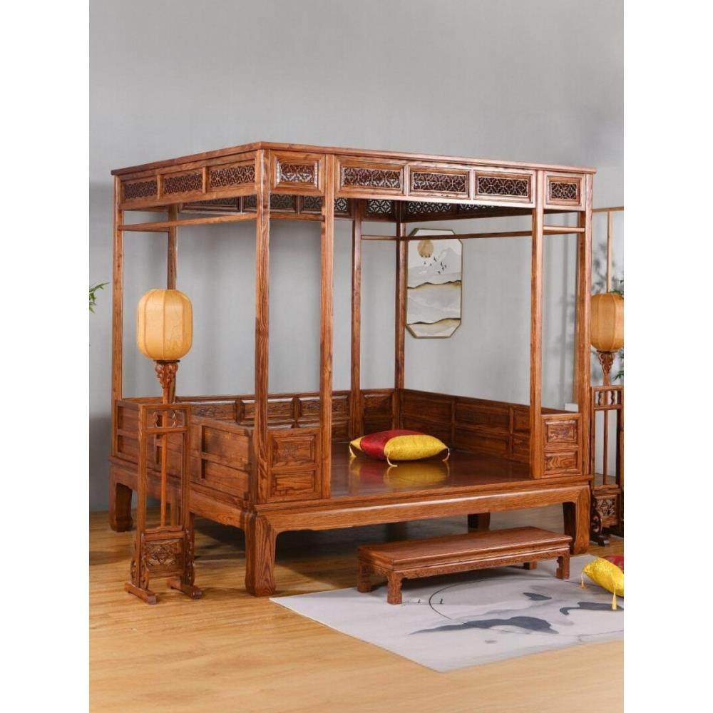 全实木踏步床红木古典仿古南榆木月洞双人千工拔步床新中式架子床